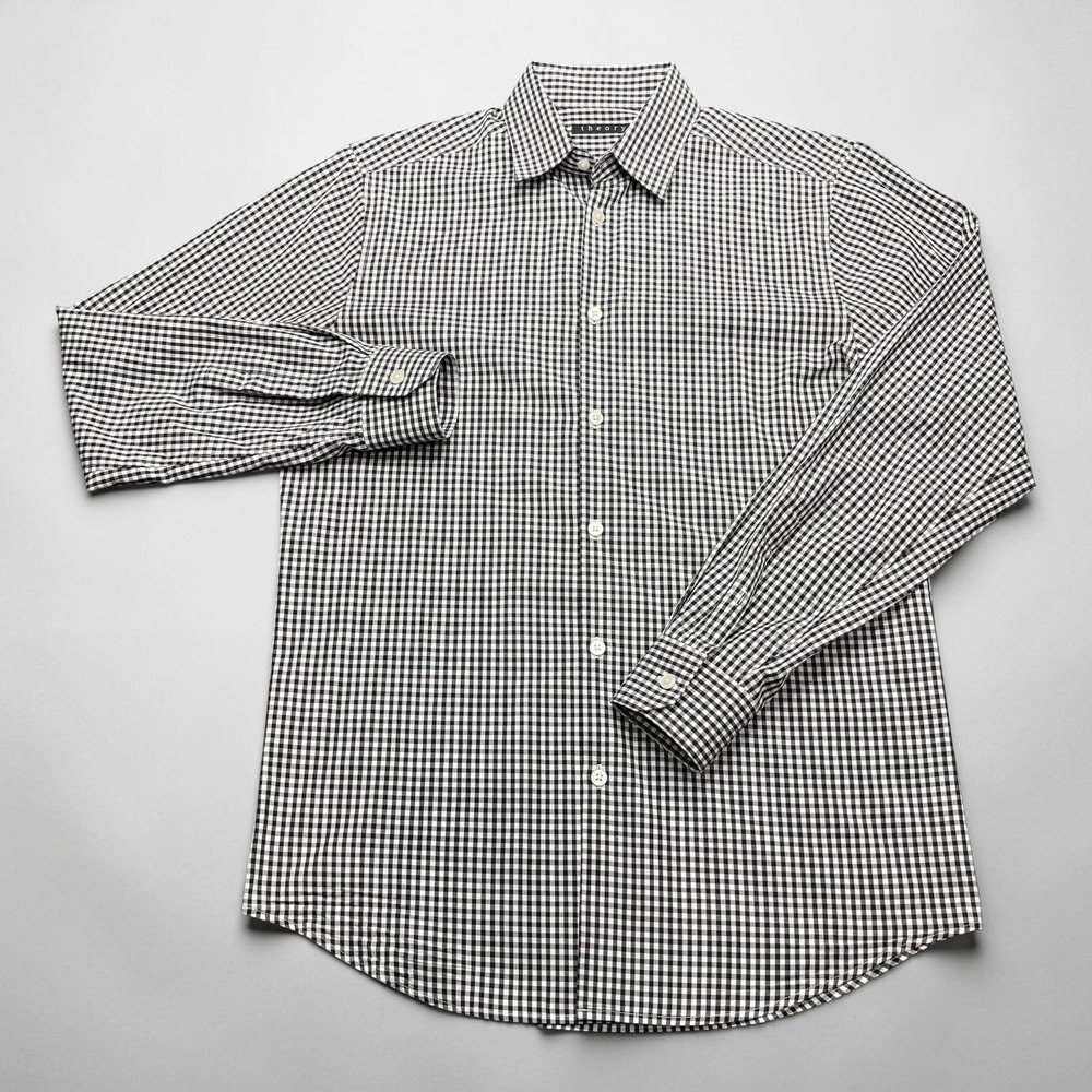 Theory Mens‎ Dover Gingham Check Button Down Shirt Black White 14.5 32-33 R